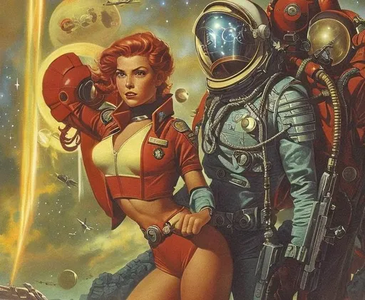 Prompt:  sci-fi, spaceman, in the style of Harry Barton and ken barr, Star Rangers, the last planet by andre norton, explorers, red uniforms, star patrol, hot girl in tight spacesuit in foreground, Masterpiece, perfect face, beautiful girl