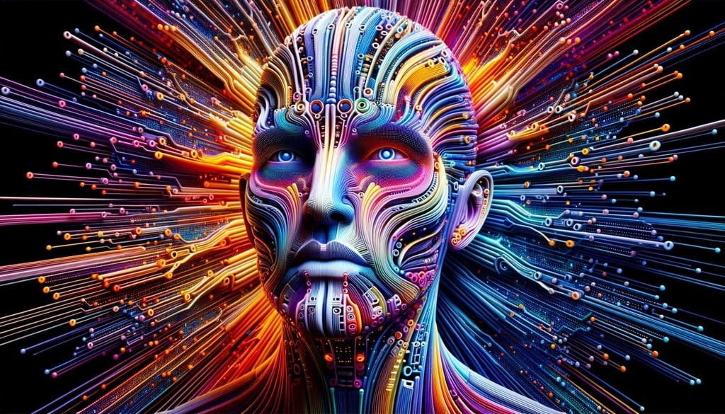 Prompt: In vivid colors, a 3D figure emerges, radiating the brilliance of technological advancements. The facial expression stands out, showcasing intricate details. With styling cues from Daz3D, the figure intricately merges human anatomy with technological circuitry patterns. The presence of computer-aided manufacturing nuances enhances the overall design, imbuing it with symbolic depth.