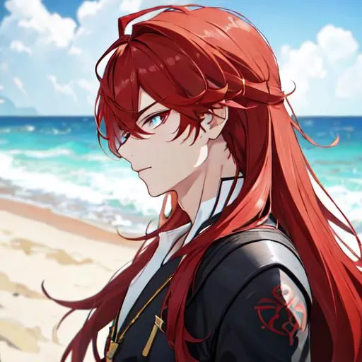 Prompt: Zerif 1male (Red side-swept hair covering his right eye) at the beach, side profile, 8k, UHD, highly detailed, insane detail