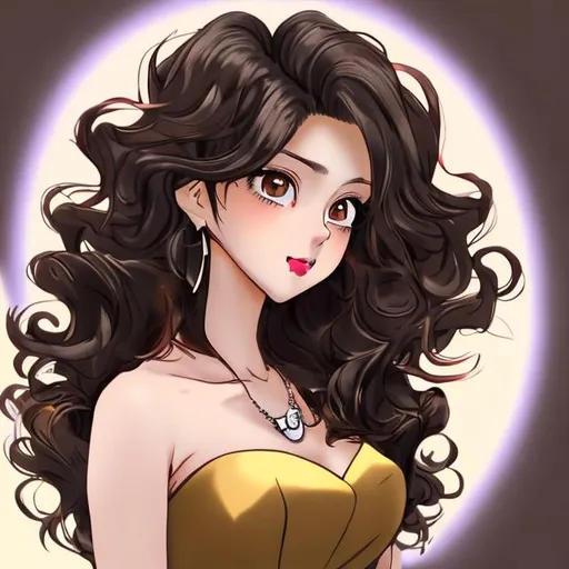Prompt: Female, Anime, Peach Lips, Brown skin,  Looking at Front Viewer, Flipping hair, Brunette long wavy hair, Light brown eyes, Wearing attractive black Dress with high heels, Busty, Seductive look, Showing cleavage
 
