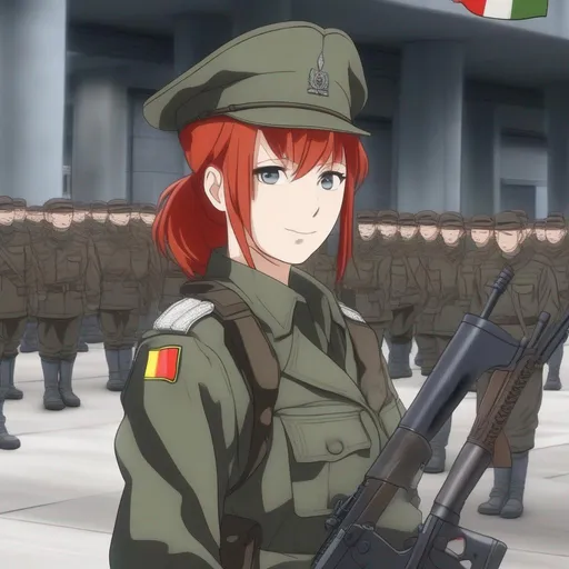 Prompt: A red-haired, female German KSK soldier. The German Democratic Republic flag is behind her in the background. (anime)