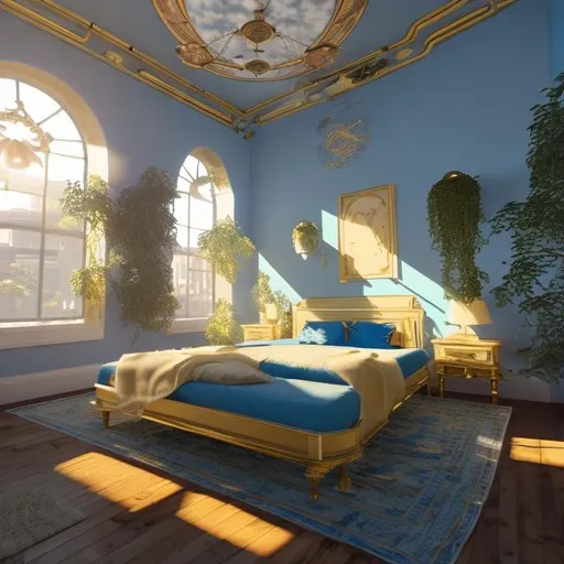 Prompt: Solarpunk bedroom. White, blue and gold. Clocktower