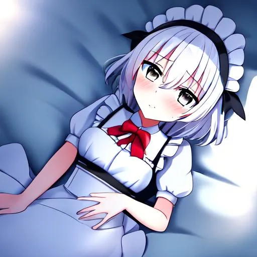 Prompt: a cute anime bunny maid with white hair and silver-colored eyes look at you from a certain distance as she lies down on the bed. her face forms a cute expression,her furrowed brows showing a expression of curiosity, maybe just a bit of confusion and a cold, quiet look. she is a kuudere. she wears a maid outfit or a dress in white and black colors and has a necklace around her neck in the form of a bow, also in black/white color. she wears a fancy pair of shoes and has a white pair of socks.