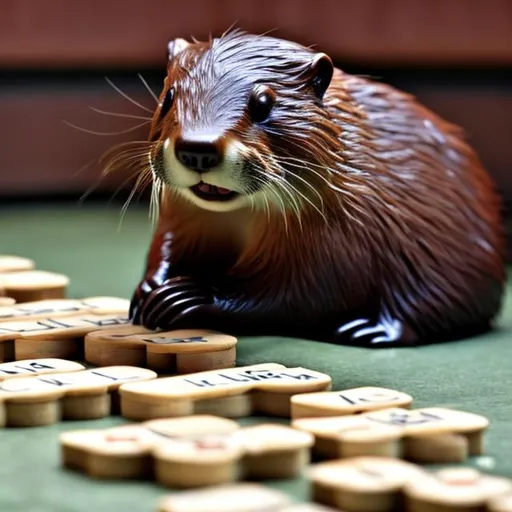 Prompt: a beaver nibbling on large 
scrabble tiles
