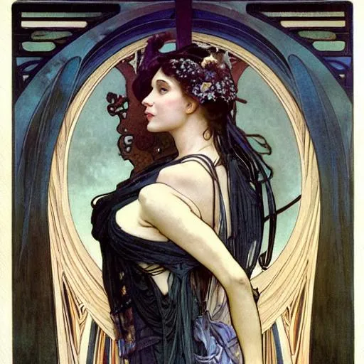 Prompt: awe-inspiring award-winning concept art nouveau painting of attractive figure in black shrouds as the goddess of the moonbow, rainbow, by Alphonse Mucha, Michael Whelan, William Adolphe Bouguereau, John Williams Waterhouse, and Donato Giancola, cyberpunk, extremely moody lighting, glowing light and shadow, atmospheric, shadowy, cinematic, 8K, n 9