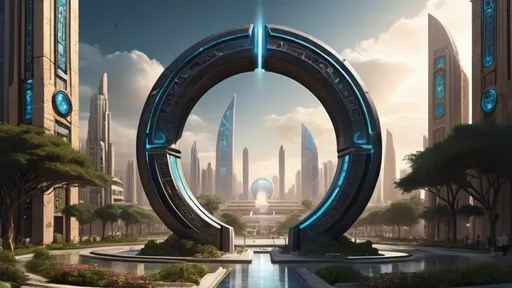 Prompt: magical portal between cities realms worlds kingdoms, circular portal, ring standing on edge, upright ring, freestanding ring, hieroglyphs on ring, complete ring, ancient babylonian architecture, gardens, hotels, office buildings, shopping malls, large wide-open city plaza, panoramic view, futuristic cyberpunk tech-noir setting