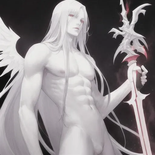Prompt: Without clothes, Adult male, white skin, white long hair, in the hands of a huge two-handed sword, eyes white and red glow, fallen angel