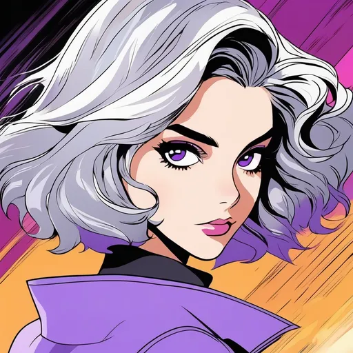 Prompt: Cel-shaded. Teenaged woman with smoky grey hair in a choppy bob.  Comic book artstyle. Grey eyes. Purple eyeshadow