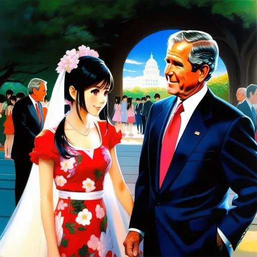 Prompt: George W Bush meets anime girls, anime style, extremely detailed painting by Greg Rutkowski and by Henry Justice Ford and by Steve Henderson 