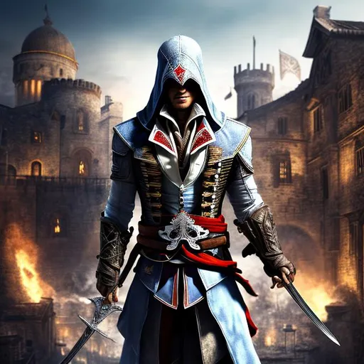 assassins from assassins creed, holds sword, backgro... | OpenArt