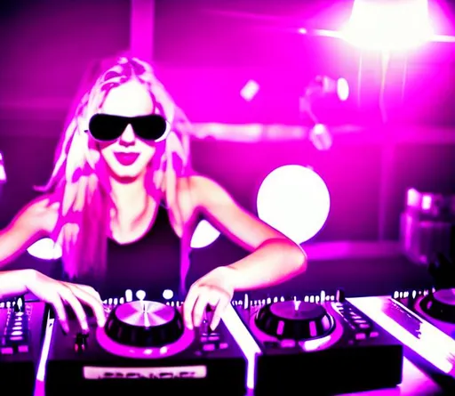 Prompt: blonde girl wearing sunglasses, making music, dj soundboard, dim lights, djing, purple light