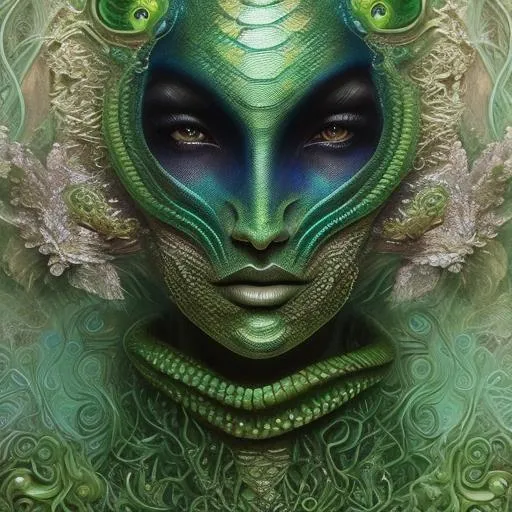 Prompt: A alien empress, beautiful face, stunning snake green eyes, ombre gradient green hair, green sculptural 
dress made of gradient green snake scales details by pino daeni, tom bagshaw, Cicely Barker, Daniel Merriam, intricate details by Andrew atroshenko, James Jean, Mark Ryden, charlie bowater, WLOP, Jim Burns, Megan duncanson, beautiful face, full body photo, very detailed, high definition, crisp quality, cinematic smooth, cinematic lighting, ultrarealistic, crispy focus 