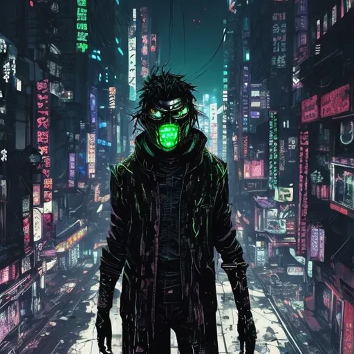 Prompt: Original villain. Blood spatters. Very Dark image with lots of shadows. Background partially destroyed neo Tokyo. Noir anime. Gritty. Dirty. Black with neon forest green accents. armour. Kenji mask. Bionic enhancements. 