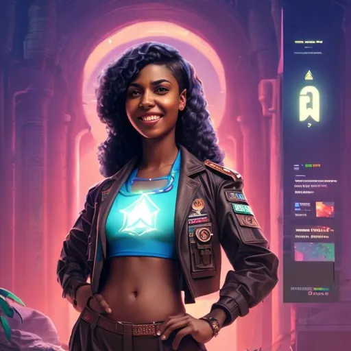 Prompt: attractive hot late-twenties african egyptian woman female, brown skin, smile, spiked haircut, government uniform, tropical island, solarpunk synthwave, portrait, realistic details, photorealistic, 8k render, cinematic lighting, ultra detailed