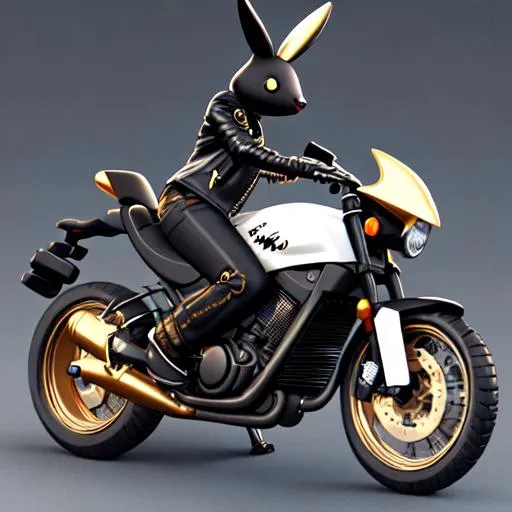 Prompt: Cartoon Black Humanoid Rabbit with large white eyes leather jacket, ripped skinny jeans and gold teeth riding a Suzuki 3d render Pixar style