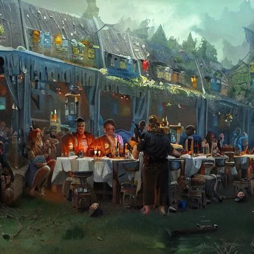 Prompt: a painting of a drinking event, a detailed matte painting, fantasy art, Artstation, artstation hq, matte painting, artstation hd