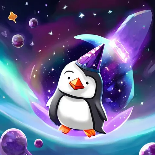 Prompt: A cartoon ruby  penguin with a purple crown in outer space.