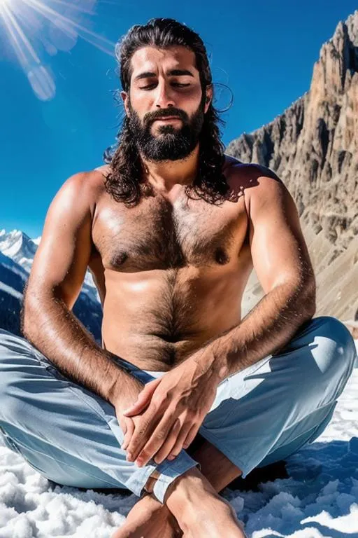 Prompt: full body portrait of a handsome rugged kashmiri yogi, "lost in god", meditating, "hyperreal detailed face","closed eyes", calm smile, snow, sunlit kailash mountain", hyperreal, side angle, white, detailed, hyperreal, sitting, arena, perfect composition, hyperrealistic, super detailed, 8k, high quality, trending art, trending on artstation, sharp focus, studio photo, intricate details, highly detailed, by greg rutkowski

