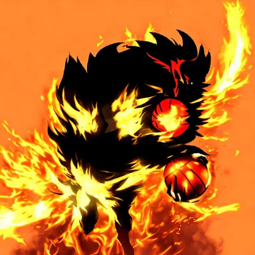 Prompt: A video game character on fire holding a basketball 