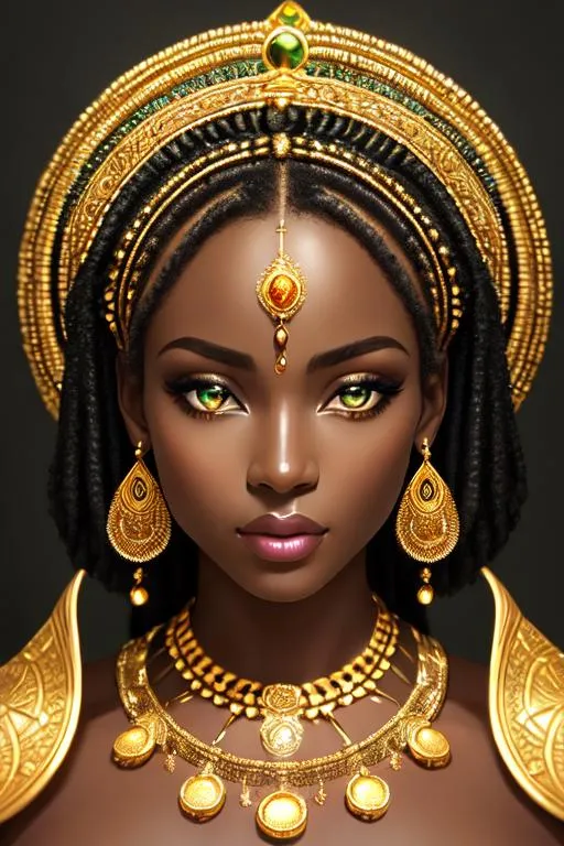 Prompt: award winning portrait photo of african goddess dark green eyes,highly detailed face, studio lighting realistic oil on canvas, (golden ratio) (sharp focus color corrected) hyperdetailed, translucent, thunder,radiant skin perfect face, intricate, symmetric balance, polarizing filter, photography award, intricate, elegant, highly detailed, digital painting, artstation, sharp focus, oil on canvas art by (Enki Bilal)+(Pino Daeni)