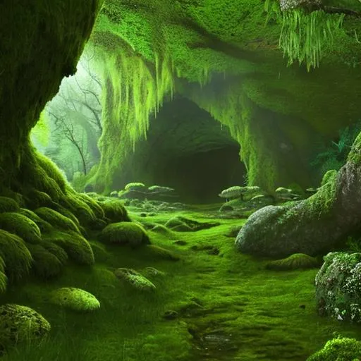 Prompt: A mossy forrest with a cave 
And big luscious green trees hyper realistic 