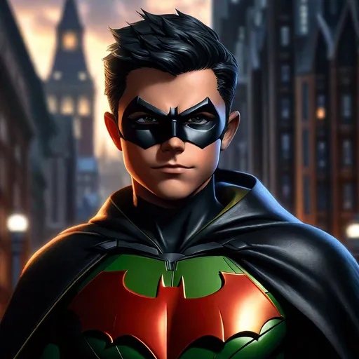 Prompt: Portrait of {Damian Wayne Robin} in {Gotham city}, perfect composition, hyperrealistic, super detailed, 8k, high quality, trending art, trending on artstation, sharp focus, studio photo, intricate details, highly detailed,happy face, by greg rutkowski