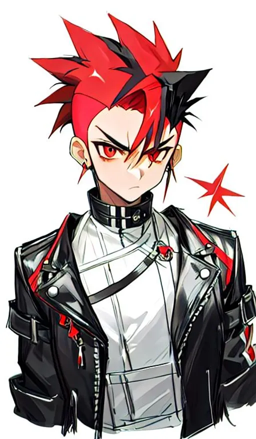 Prompt: Aster, 1 male. intimidating, black and red mohawk