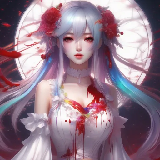 Prompt: 3d anime woman covered in blood rainbow hair hime and white dress covered in blood and beautiful pretty art 4k full HD