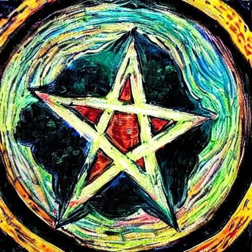 Prompt: Black witches mass pentagram spell casting magical Van Gogh style mixed media painting 