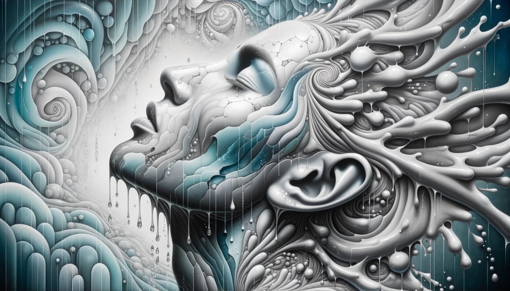 Prompt: Oil painting of a woman with water splashing on her face. The scene is rendered in a futuristic realism style, with multidimensional shading. The surreal organic shapes and intricate illustrations in the background are primarily in light cyan and silver, creating an illusion of three-dimensionality.