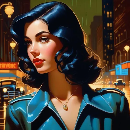 Prompt: Third person, gameplay, Italian-American girl, pale olive skin, black hair, brown eyes, 1940s, Chicago, neon, rain, blue atmosphere, cartoony style, extremely detailed painting by Greg Rutkowski and by Henry Justice Ford and by Steve Henderson 

