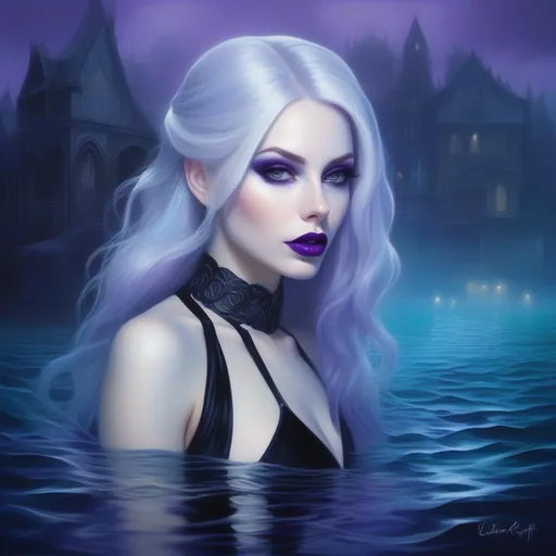 Prompt: oil painting portrait of a beautiful Sea Elf woman, very pale skin, bright hair, goth makeup with purple lips, black gothic swimsuit, foggy blue gothic town underwater background, bold brushstrokes, best quality, masterpiece, sharp focus, ultra smooth, ultra clean, ultra high res, ultra sharp, hyperdetailed, ultra-realistic, UHD, gothic horror, dark fantasy, (((style of Carmilla vampire official art))),