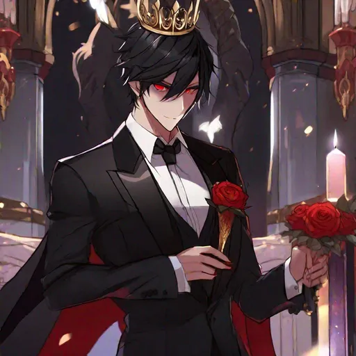 Prompt: Damien  (male, short black hair, red eyes) demon form, wearing a tuxedo, standing at the altar, biting his lip seductively, wearing a crown, holding a knife
