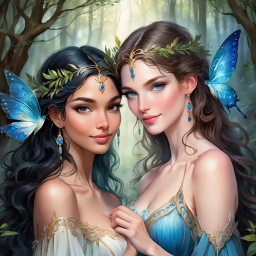 Prompt: digital watercolor painting, Highest quality, goddess attire, two very different women in love, first woman have black hair and brown eyes, second woman have light brown hair and blue eyes, fantasy forest setting, perfect bodies, perfect faces, soft lighting, romantic, detailed, fantasy, elegant, romantic atmosphere, detailed facial features, ethereal, exquisite, graceful poses, smiling at each other loving bold brush strokes, art nouveau