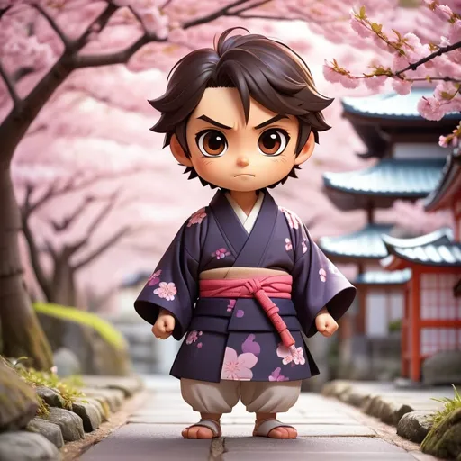 Prompt: create a Chibi character who is male, dark hair, brown eyes, wearing traditional japanese clothes that show character, fun and light heartedness.