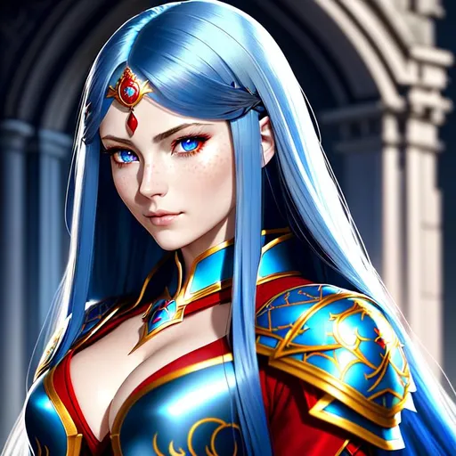 Prompt: 1woman, head and shoulders portrait, Long blue hair with red eyes and white skin | Armor | Average Body, castle background, hands behind the back, ultra-fine details, intricate scene, ambient lighting, soft glow, elegant, symmetrical facial features, accurate anatomy, anatomically correct woman, sharp focus, dark fantasy cgi still, artgerm, taken on nikon d750, scenic, gossamer, iridescent, ethereal glow, wedding gown, married, flowers, 