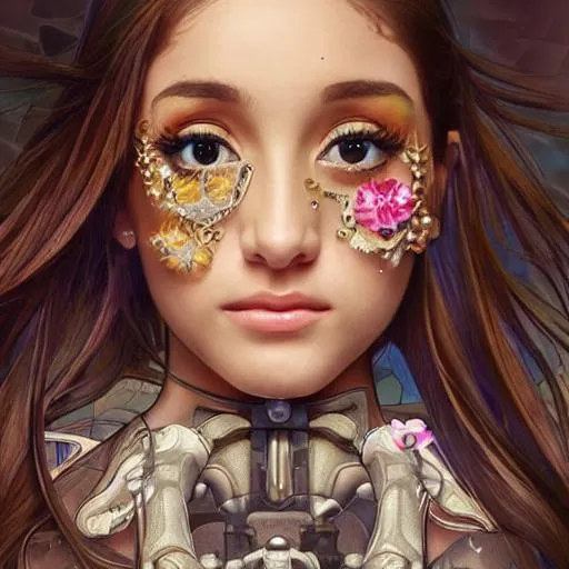 Prompt: Ariana grande, beautiful face features, symmetrical face, cybernetic, hyper realistic, ethereal, Alphonse mucha, beautiful eyes, 
tachikoma, beautiful face features, , Akihiko yoshida, confused face, bright lighting, sakimichan