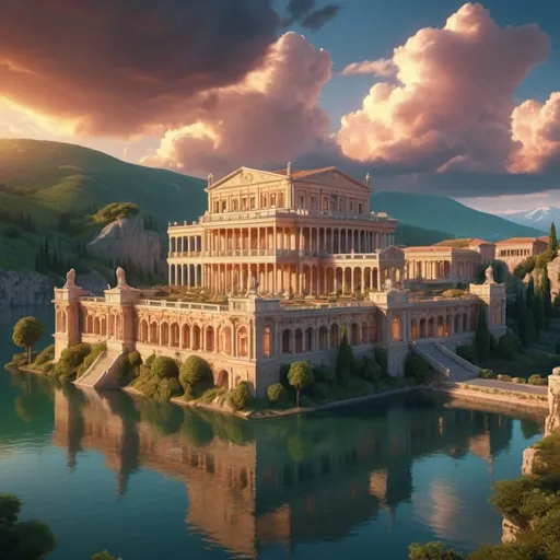 Prompt: (somptous roman palace on a mountain with a view on a lake), (1st century architecture)