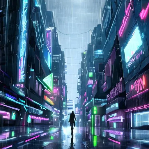 Man walking down futuristic city street, neon lights... | OpenArt