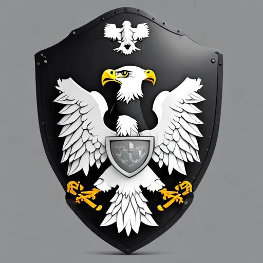 Prompt: Generate a coat of arms on a gray background with a shield featuring a white eagle.
