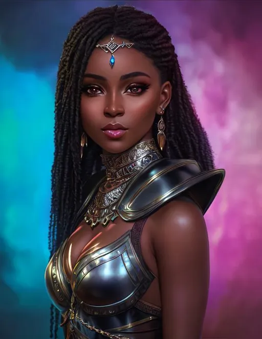 Prompt: UHD, 8k, high quality, ultra quality, cinematic lighting, special effects, hyper realism, hyper realistic, Very detailed, high detailed face, high detailed eyes, oil painting, fantasy, medieval, woman, black skin, gorgeous, cute, young, thick girl, warrior, armor