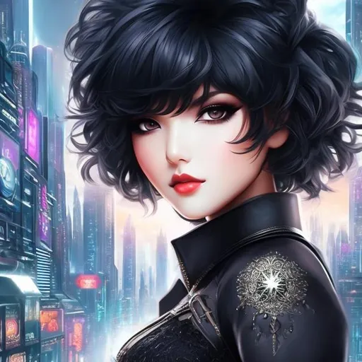 Prompt: ((Best Quality)), ((The masterpiece)), a goth girl with fluffy hair with bangs, thick thighs, abs, ((beautifully detailed face, and large eyes)), in the middle of a futuristic city