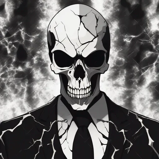 Prompt: Skeleton, cracked skull, wearing black business suit, black and white anime style, hellish background, black fire.
