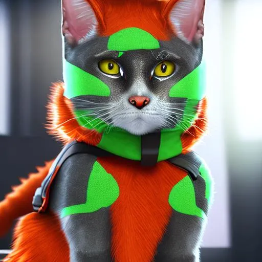 Prompt: Orange ninja cat in a sports car, photorealistic, unreal engine 5, RTX, ray tracing, fine detail fur, glowing eyes, in a neon green corvette