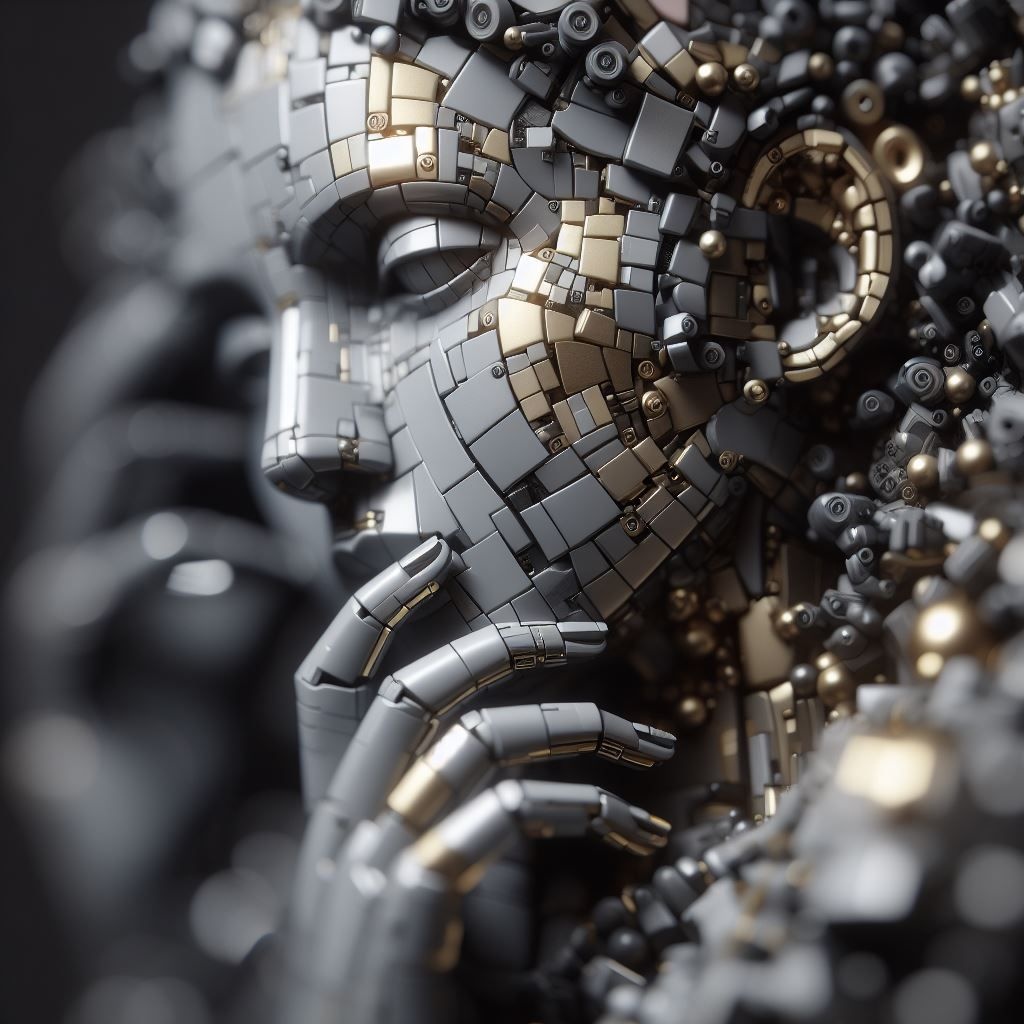 Prompt: a digital art piece of a woman being made of metal and plastic pieces, in the style of depth of field, gray and gold, tilt-shift lenses, cubist composition, serene faces, ceramic, uhd image