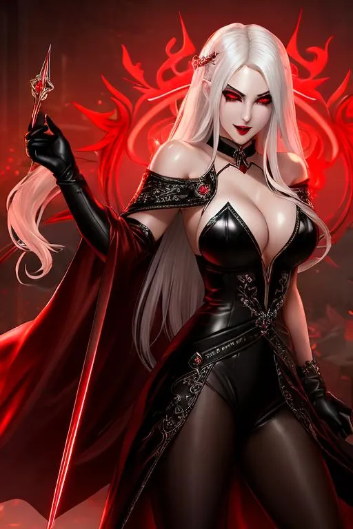 Prompt: ((best quality)) Splash art masterpiece of seductive feminine top-down crazy modern vampire woman with ((hyperdetailed white silky hair)) and ((hyperdetailed bloodshot red eyes)) and beautiful hyperdetailed feminine attractive sharp face and nose and big lips, ((white skin)), red shy blush with grin, blood dripping down lips and body, red blood, backlit, ((intricately hyperdetailed yellow modern thin mesh dress)) with deep cleavage and visible abdominal muscles, abs, toned body, barely any clothing, mesh dress, ((seductive crazy grin face)), looking up at camera, standing jojo pose, looking down perspective, bokeh background, cinematic glamour lighting, backlight, action shot, intricately hyperdetailed, perfect face, perfect body, perfect anatomy, hyperrealistic, sharp focus, epic dark fantasy, glamour, volumetric studio lighting, triadic colors, occlusion, ultra-realistic, 3d lighting, beauty, sensual feminine romance, professional, sensual feminine, perfect composition, unreal engine 8k octane, 3d lighting, UHD, HDR, 8K, render, HD, trending on artstation, front view, ((huge breast)), ((sexy)) cleavage, fangs, Bride, Curse of Strahd, slutty, wounded, blood, vampire, fangs black leather, black latex