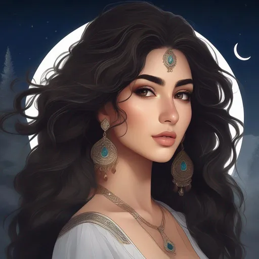 Prompt: highest quality anime art masterpiece, digital drawing, Azerbaijani woman with long black thick wavy messy hair:vistani, round face, broad cheeks, sad in a forest on a dark foggy night, big brown eyes, tanned skin:2, waxing moon, huge long wide broad hooked greek aquiline algerian oriental arabic nose, flat chest, ethereal, jewelry set, highres, realistic, highly detailed, fantasy, gypsy, roma, D&D, Ravenloft, by Ilya Kuvshinov