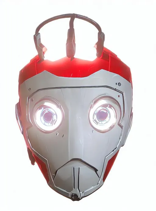 Prompt: A robot head with lights for eyes and a mesh circle for a mouth. The robot head is red with a gray face and is wearing a paper diner hat