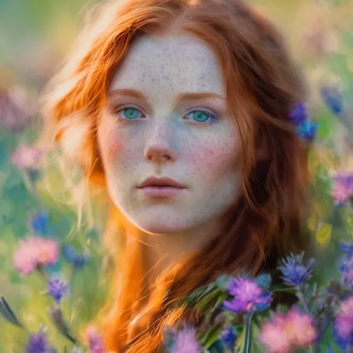 Prompt: Red haired, green eyed woman of ethereal beauty, soft spotlight, surrounded by vibrant and faded wildflowers, watercolor monet style, closeup of face 