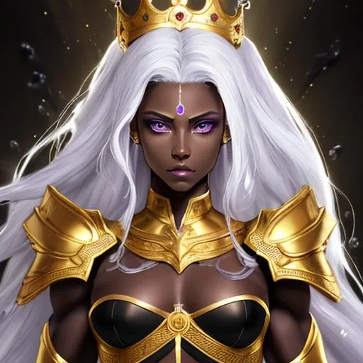 Prompt: Androgynous female, muscular jawline, angelic face, beautiful black woman, immense detail, full body image, Golden armor, UHD, 64K, high resolution, intense deep Black skin, black face, African American features, long pale intense White hair, flowing long blond hair, Valeryon, purple eyes, water background, amazing crown on head, deep blue sky, clouds in sky, detailed images, clear sharp resolution 